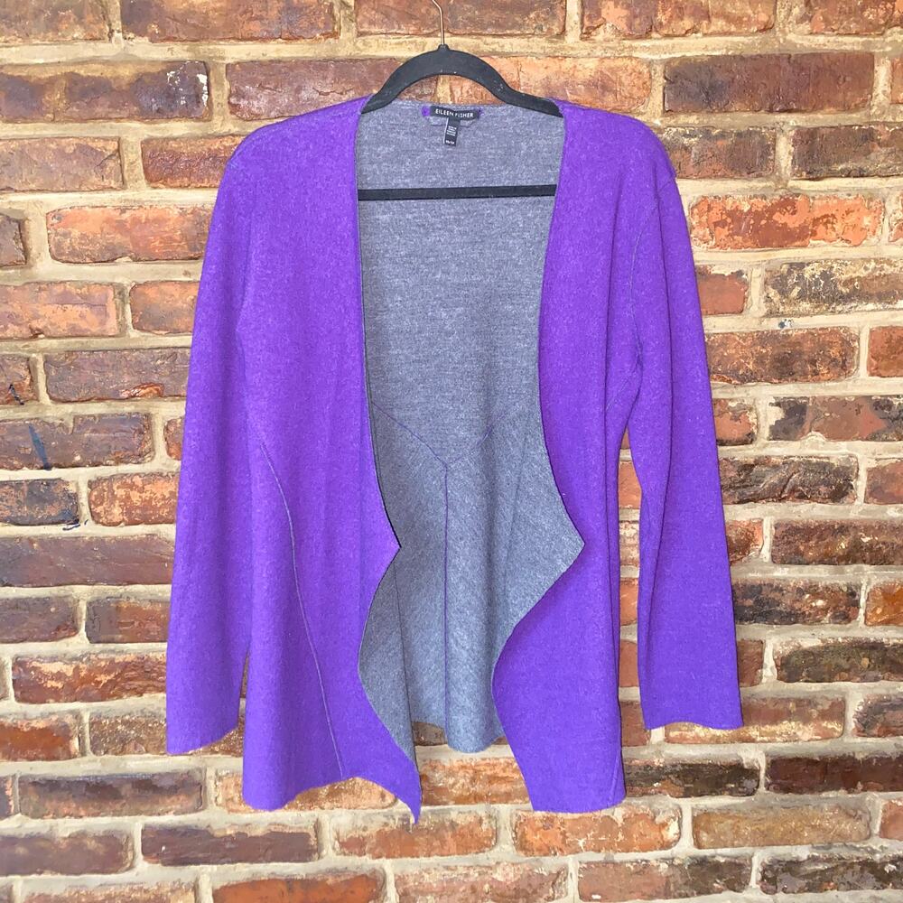 Eileen Fisher Purple Gray Felted Merino Wool Cardigan Sweater Women's Size XS